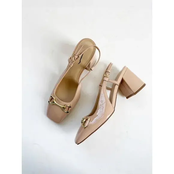 Ann Taylor Patent Square Toe Slingback Pumps Nude 7.5 - Picture 3 of 6
